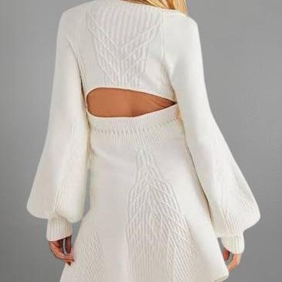 Free People Emmaline White Sweater Cable Knit Dress with Balloon Sleeves - Picture 3 of 4